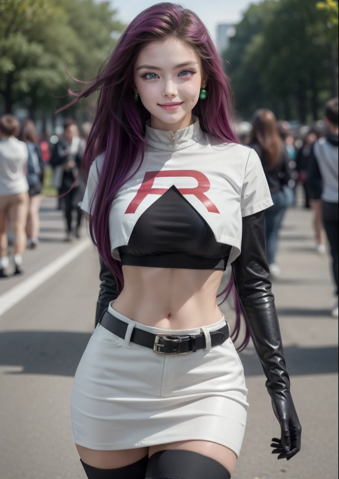 masterpiece,extremely detailed CG unity 8k wallpaper, best quality,32k,focus sharp, jessie pokemon, team rocket, gloves, hair slicked back, long hair, jewelry, skirt, navel, thighhighs, earrings, elbow gloves, team rocket uniform, crop top, blue eyes, midriff,outdoor,park,trees,city,crowd, belt, black gloves, very long hair, simple background, smile, black thighhighs, purple hair, looking at viewer, breasts, white skirt, miniskirt
