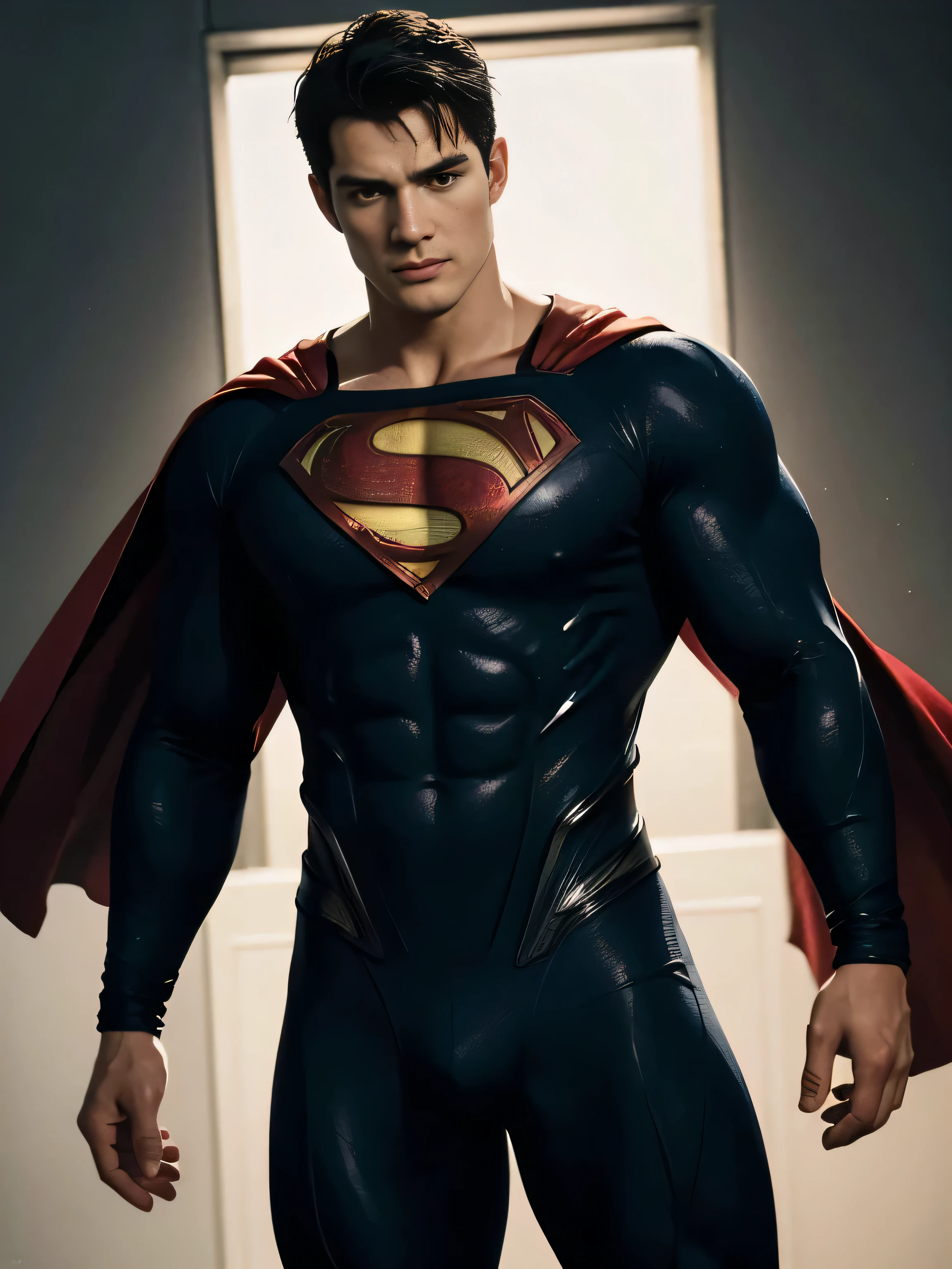 Henry Cavill as Superman with long cape. ((Best Quality, 8K, ultra-detailed, Masterpiece: 1.3)), 1boy, shiny skin, sharp, Perfect Body Beauty, realistic shaded perfect body, The image is primarily composed of white, black, and royal blue colors. The artwork is created with abstract shapes and lines, resembling brush strokes. It has a poster art feel to it. The main focus of the scene is superman muscular body. The lighting and shadows play a crucial role in enhancing the mood of the artwork. The style of the image is influenced by the works of Malcolm Liepke, known for his dynamic and expressive paintings. Depict the model partially concealed by a sheer fabric or drapery, leaving much to the viewer's imagination. Use subtle details to hint at hidden desires. symbolic elements that convey a deeper meaning or narrative