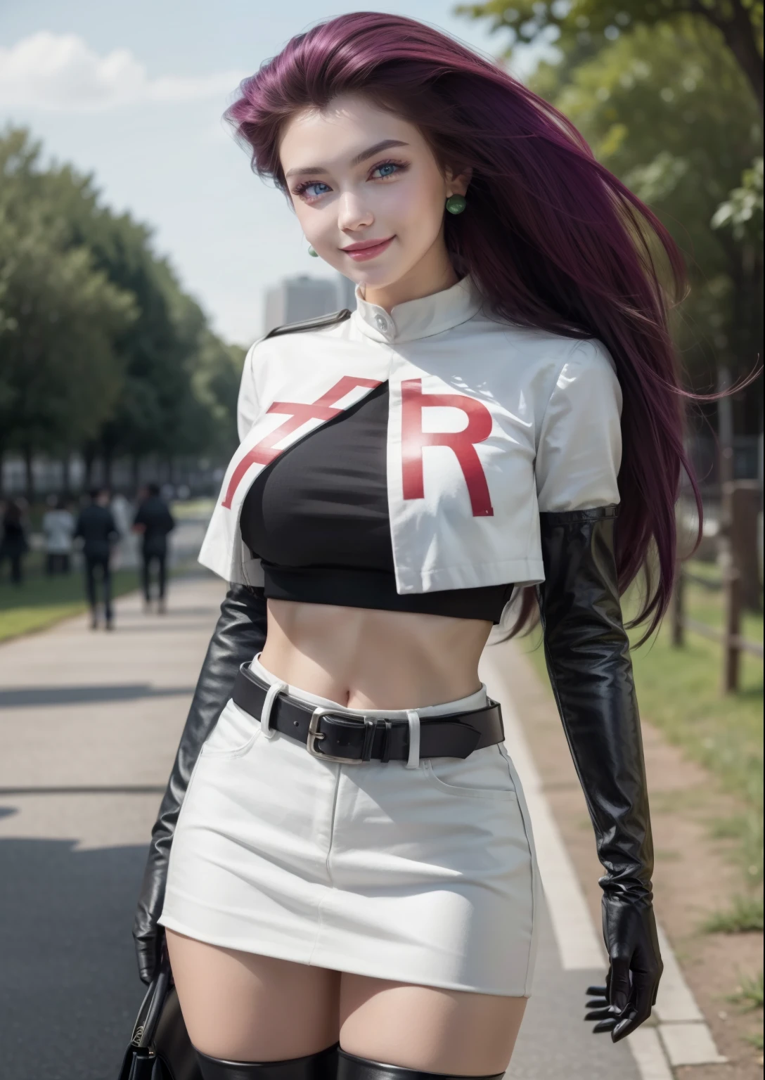 masterpiece,extremely detailed CG unity 8k wallpaper, best quality,32k,focus sharp, jessie pokemon, team rocket, gloves, hair slicked back, long hair, jewelry, skirt, navel, thighhighs, earrings, elbow gloves, team rocket uniform, crop top, blue eyes, midriff,outdoor,park,trees,city,crowd, belt, black gloves, very long hair, simple background, smile, black thighhighs, purple hair, looking at viewer, breasts, white skirt, miniskirt