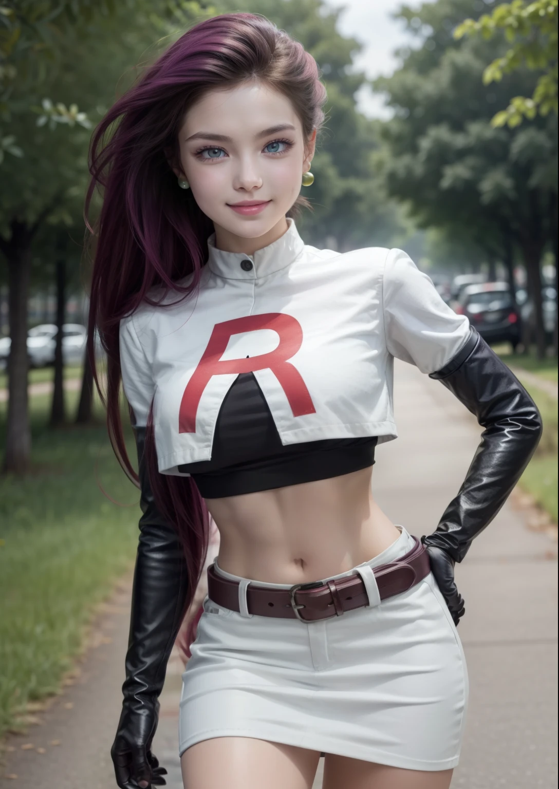 masterpiece,extremely detailed CG unity 8k wallpaper, best quality,32k,focus sharp, jessie pokemon, team rocket, gloves, hair slicked back, long hair, jewelry, skirt, navel, thighhighs, earrings, elbow gloves, team rocket uniform, crop top, blue eyes, midriff,outdoor,park,trees,city,crowd, belt, black gloves, very long hair, simple background, smile, black thighhighs, purple hair, looking at viewer, breasts, white skirt, miniskirt