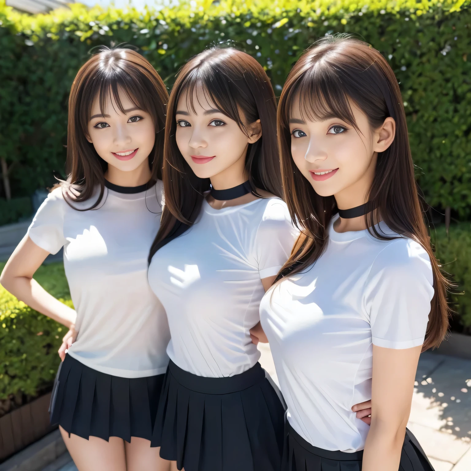 Group photo, Group photo, Some very beautiful women, Highly detailed eyes, Highly detailed face, Sexy and highly detailed lips, Super detailed everything, Attractive woman, Black choker, Blue Eyes, very long eyelashes, bangs, big breasts, ((smile)), highest quality, masterpiece, ((Slim face)), Japanese actress, Servant, ((High nose)), ((Tight T-shirt)), A happy atmosphere, Fun smile,, mini skirt, garden