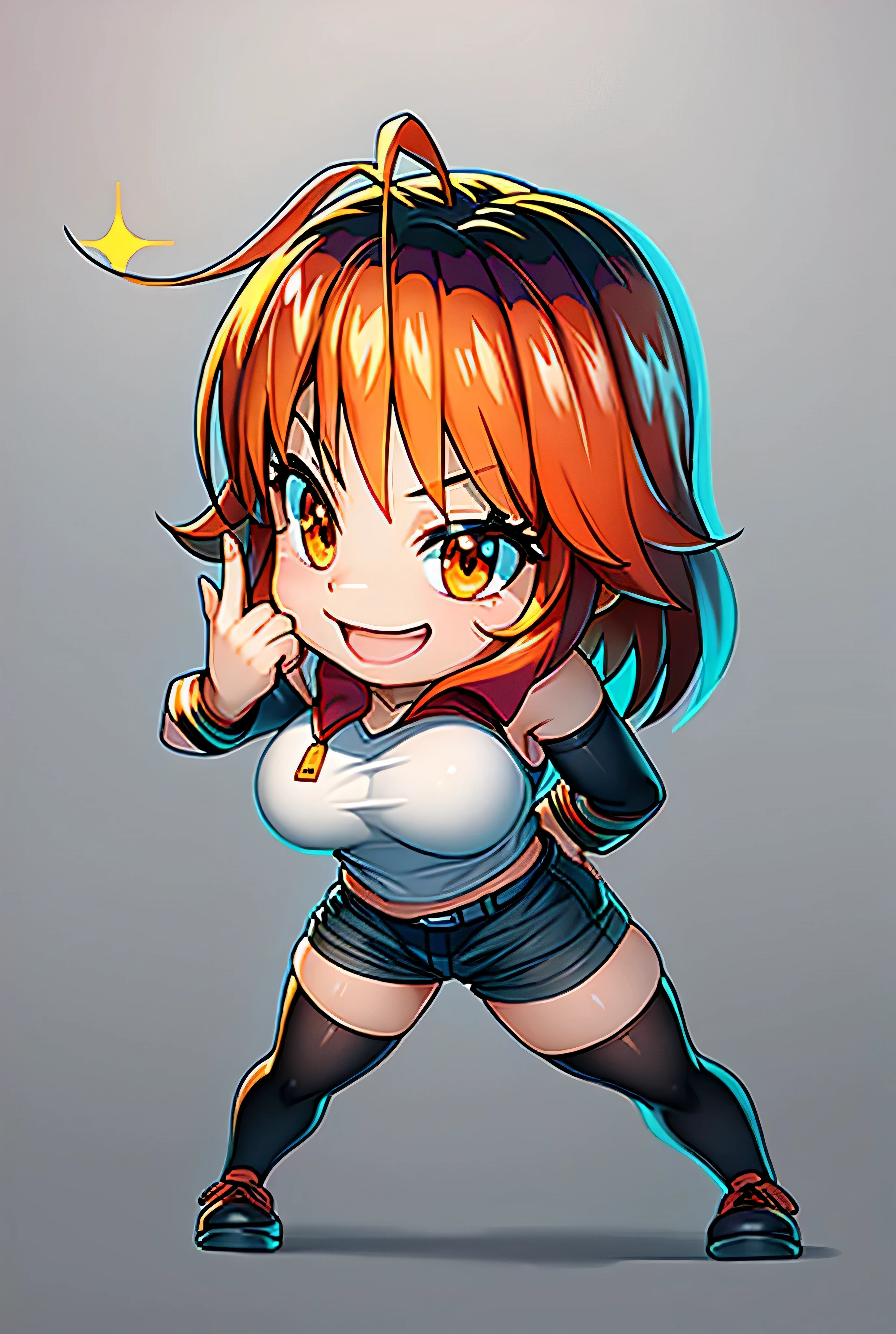 One Girl, single, alone, Beautiful Anime  Girl, 
((bright orange eyes,
short hair:2.0, Wavy Hair, Dirty hair:1.2, Ahoge, Long Bangs, Redhead)),((Big Breasts)),((Black Micro shorts,sleeveless top)),big smile,