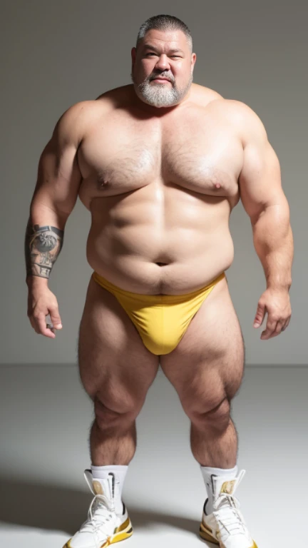 white hair, old man, individual, male, Muscular wrestler, muscular, Stout wrestler, Asian, Japanese, uncle, 55 year old middle-aged man, short hair, short hair, yellow wrestling boots, full body portrait, shadow, Vision, yellow briefs, obesity, 45 years old, short beard, middle-aged man, tattoo, fingerless gloves, Wheat skin, shiny skin, dark skin, Show your pectoral muscles, sumo wrestler, bodybuilder, wide temples, Visible abdominal muscles, Smile, Fine hands, solid color background, pure white background, Surrealism, Panorama, 8k, super detail,