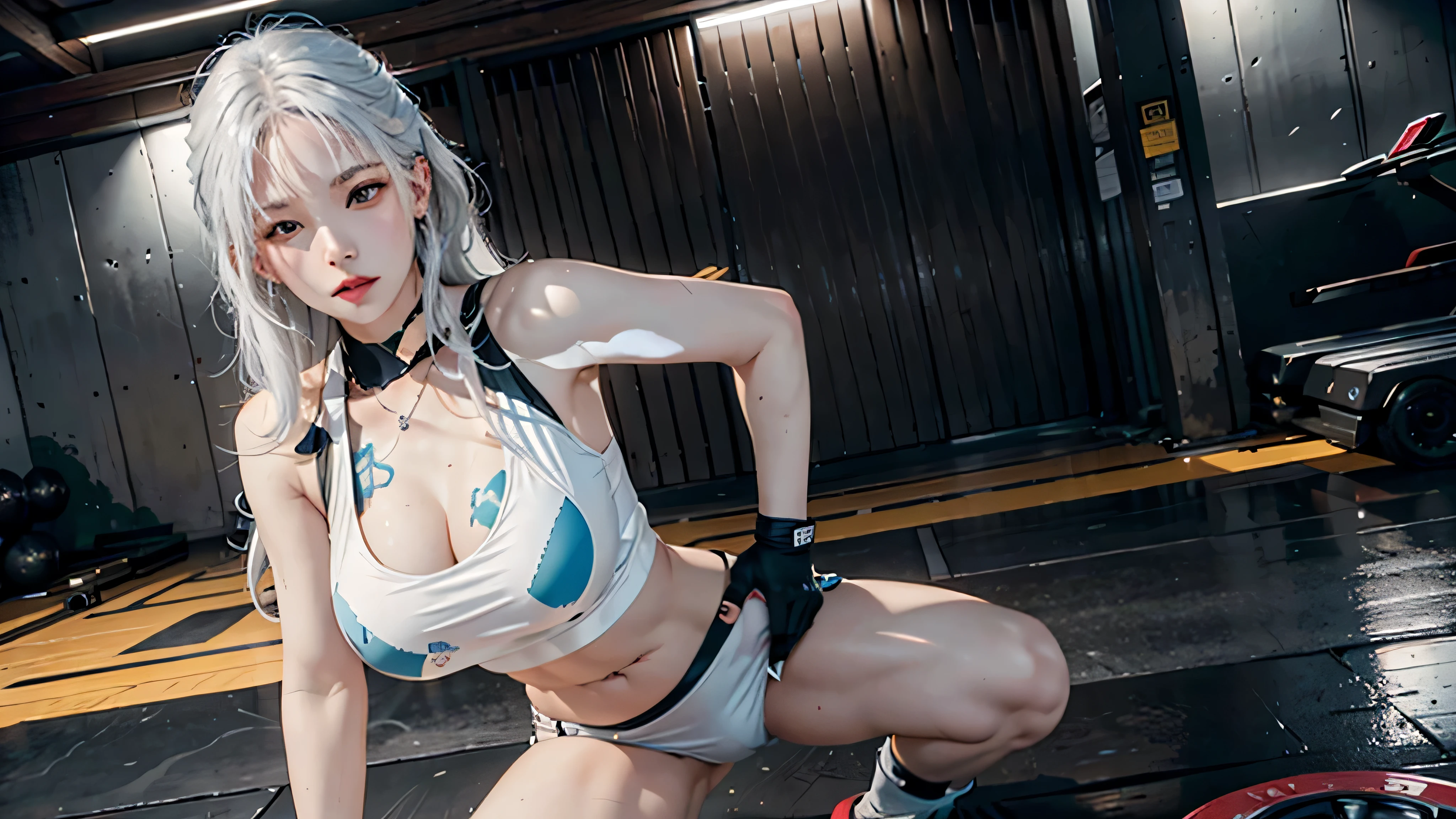photorealistic, high resolution, soft light,1women, solo, hips up, oil skin, (detailed face), jewelry, tattoo, gymer, short Stretching, sports bra, gym room, white hair, squatting cowgirl position