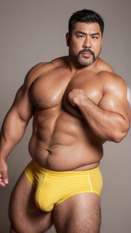 black hair, middle-aged man, individual, male, Muscular wrestler, muscular, Stout wrestler, Asian, Japanese, uncle, 55 year old middle-aged man, short hair, short hair, yellow wrestling boots, full body portrait, shadow, Vision, yellow briefs, obesity, 45 years old, short beard, middle-aged man, tattoo, fingerless gloves, Wheat skin, shiny skin, dark skin, Show your pectoral muscles, sumo wrestler, bodybuilder, wide temples, Visible abdominal muscles, Smile, Fine hands, solid color background, pure white background, Surrealism, Panorama, 8k, super detail,