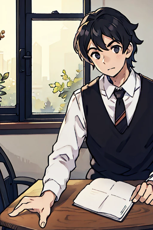 no windows,office,1 man,Black Hair,Sitting,Upper Body,Positive face,At the table,think