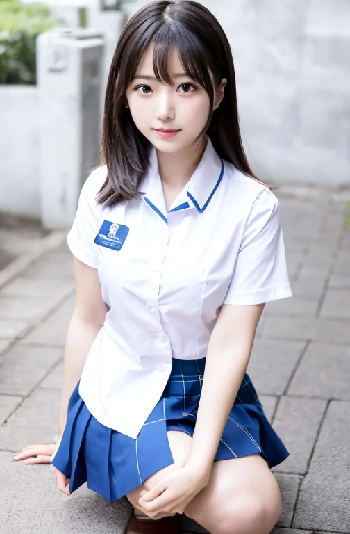 arafed asian woman in a white shirt and blue skirt crouching down, Wearing a Japanese uniform, Cute school girl, Korean Girls, Japanese Girls , Realistic young gravure idol, of a youthful Japanese Girls, Girl in uniform, young asian girl, Young and cute gravure idol, Japanese Model, Strike a Pose, Chiho,