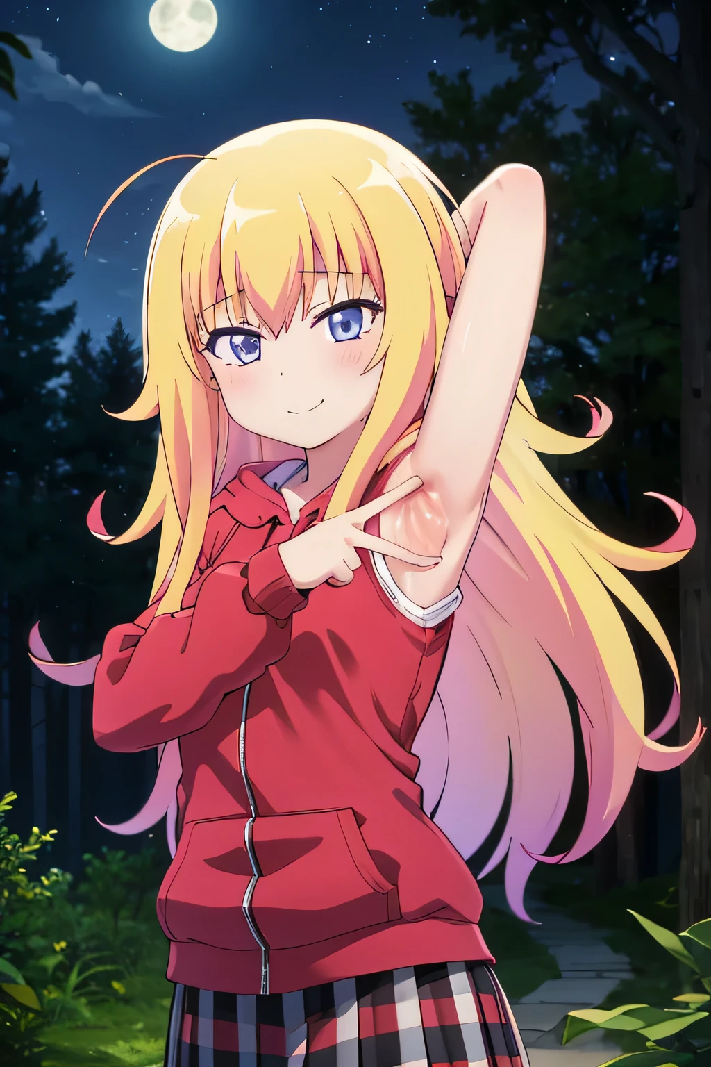 (extremely detailed CG unity 8k wallpaper), (masterpiece), (best quality), (ultra-detailed), (best illustration), (best shadow), (absurdres), 1girl, solo, gabriel white tenma, messy hair, ahoge,red bow, plaid skirt, pink hoodie, arms behind head, closed mouth, night sky, forest, spread armpits, contrapposto, upper body, blush, expressionless, smile,