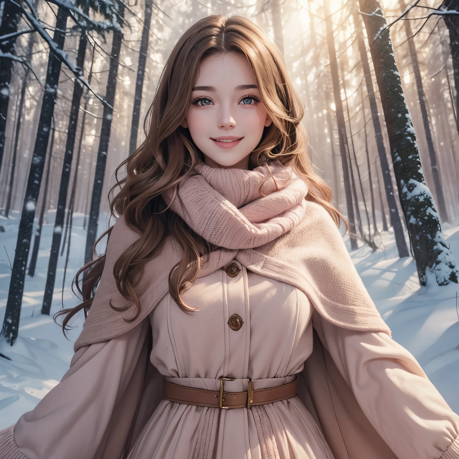 A woman with light brown wavy hair, pale skin, brown eyes, full figure, pink lips, skin detail, in a winter forest, fantasy setting, beautiful, smiling, snow