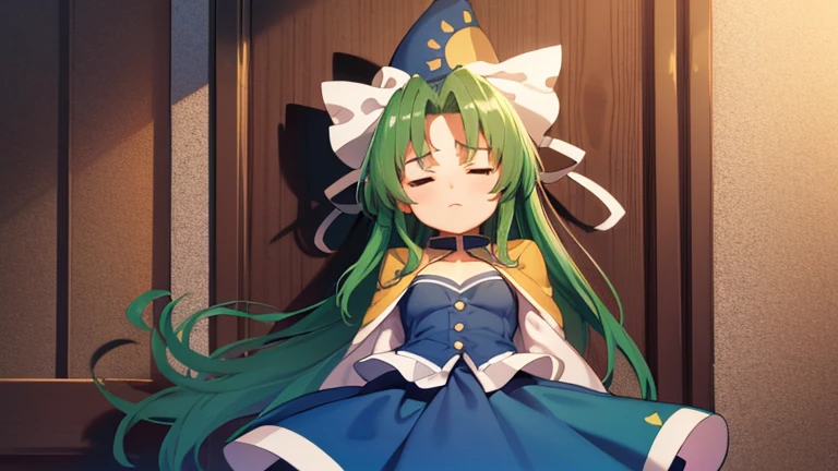 masterpiece, best quality, 1 girl, , , 10 years old, blue hat with a yellow sun pattern, long green hair, blue cape, blue cloak, blue clothes, white long sleeves, yellow ribbon, , to lift up one’s skirt, cowboy shot, from front, standing , raise one leg, crossed arms, arms up behind, arms behind back, hand between legs, put hands hip, one hand on hip, forward hands, arms raised in the air, punch hands, peace_sign, waving, put up index finger, sit, lie down, closed eyes, lie face down, looking back, put one hand , leaning forward,,close up, horizontally outstretched arms, horizontally outstretched legs, front view, front face