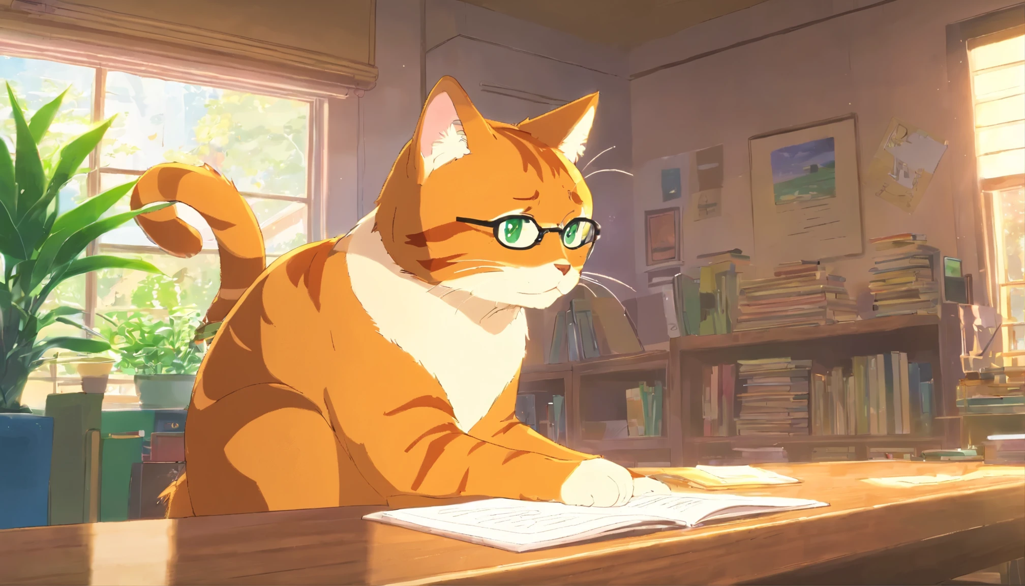 A ginger anthropomorphic cat,With big green eyes,Wearing a pair of round glasses,Wear a comfortable sweater,Sitting at wooden table in sunny room,Read the contents of the book carefully while taking notes。surrounded by books and plants。It's raining outside the window