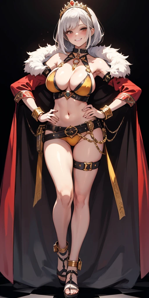 ((BLACK BACKGROUND,1:2, masterpiece)), full body MILF BIMBO standing with two long thighs and two high heels, red eyes, silver white hair, short bob style hair, big breasts, cleavage, separate sleeves, tiara royal, long cape up to two feet, yellow bikini, hands on waist, navel, lustful smirking smiling, smile face (red blushed, red cheeks), metal shoulders, gold sleeveless armbands, black leather choker slave collar, shackle bracelets, slave red crest, full body MILF BIMBO standing with two long thighs and two metal sandals, red eyes, silver white hair, short bob style hair, big breasts, cleavage, separate sleeves, tiara royal, long cape up to two feet, yellow bikini, tiger bikini stripes, hands on waist, navel, lustful smirking smiling, smile face (red blushed, red cheeks), metal shoulders, gold sleeveless armbands, black leather choker slave collar, shackle bracelets, slave red crest, pauldrons, breastplate, corset, eye focus, full body, whole body 1solo slave fighter, loincloth standing, hands on hips, metal sandals, backpack, choker, big belt around waist, view from below, feet together, bracers, tiara)