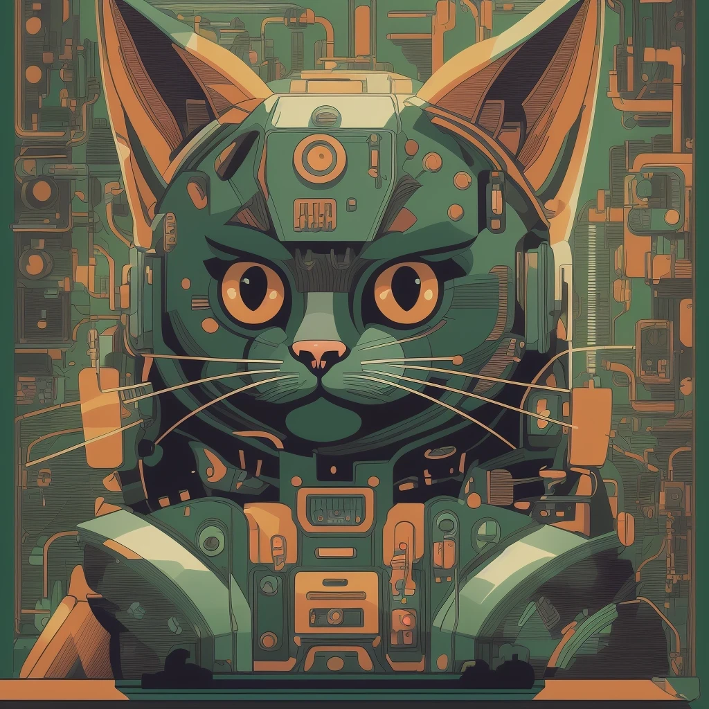 （Profile portrait）There is a black cat wearing headphones sitting on the turntable, CyberpunkCat, MachineCat, Just a joke, Tom Whalen (Tom Whalen) of inspiration, Lofi Art, Cat, Tom Whalen 8K, Digital illustration style, Retro illustration, Illustration of a Cat, NetworkCat, Lofi portrait, Cat, Cat Design, Inside the Robot Cat&#39;s Head（（（1Cat）））There is a Cat sitting in a suitcase, commend art, MachineCat, Tom Whalen (Tom Whalen) of inspiration, Cat Design, commend portrait, Cat, NetworkCat, Just a joke, Tom Whalen 8K, commend, commend vibe, CyberpunkCat, commend technology, Illustration of a Cat, commend artstyle, commend album art，there is a cat that is sitting on a machine, robot cat, cat robot, robotic cat, industrial robotic cats, cyborg cat, a cyborg cat, fully robotic!! cat, robot portrait, portrait of a robot, cybercat, inside a mechanical cat's head, portrait of a cyberpunk machine, robot animal, inspired by Tom Whalen, cyberpunk cat, cyborg kitten