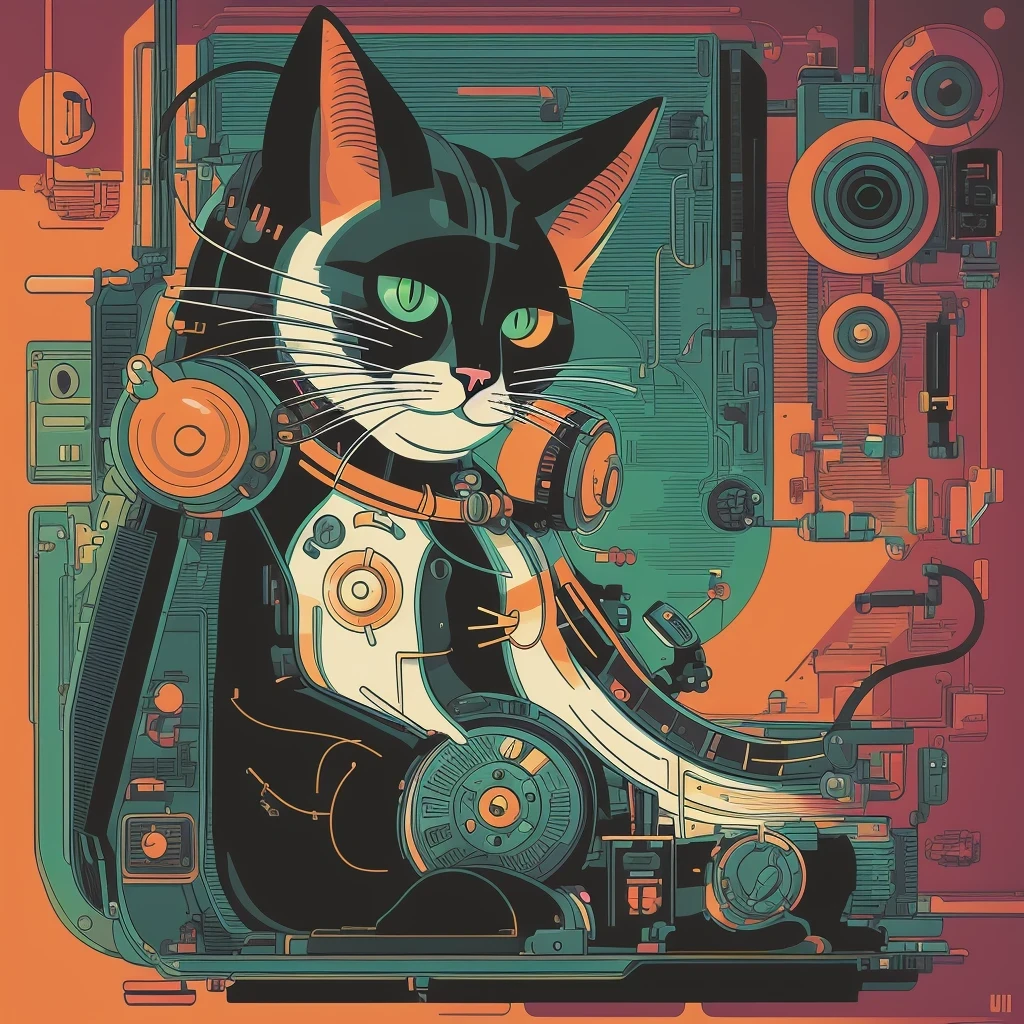 （Profile portrait）There is a black cat wearing headphones sitting on the turntable, CyberpunkCat, MachineCat, Just a joke, Tom Whalen (Tom Whalen) of inspiration, Lofi Art, Cat, Tom Whalen 8K, Digital illustration style, Retro illustration, Illustration of a Cat, NetworkCat, Lofi portrait, Cat, Cat Design, Inside the Robot Cat&#39;s Head（（（1Cat）））There is a Cat sitting in a suitcase, commend art, MachineCat, Tom Whalen (Tom Whalen) of inspiration, Cat Design, commend portrait, Cat, NetworkCat, Just a joke, Tom Whalen 8K, commend, commend vibe, CyberpunkCat, commend technology, Illustration of a Cat, commend artstyle, commend album art，there is a cat that is sitting on a machine, robot cat, cat robot, robotic cat, industrial robotic cats, cyborg cat, a cyborg cat, fully robotic!! cat, robot portrait, portrait of a robot, cybercat, inside a mechanical cat's head, portrait of a cyberpunk machine, robot animal, inspired by Tom Whalen, cyberpunk cat, cyborg kitten