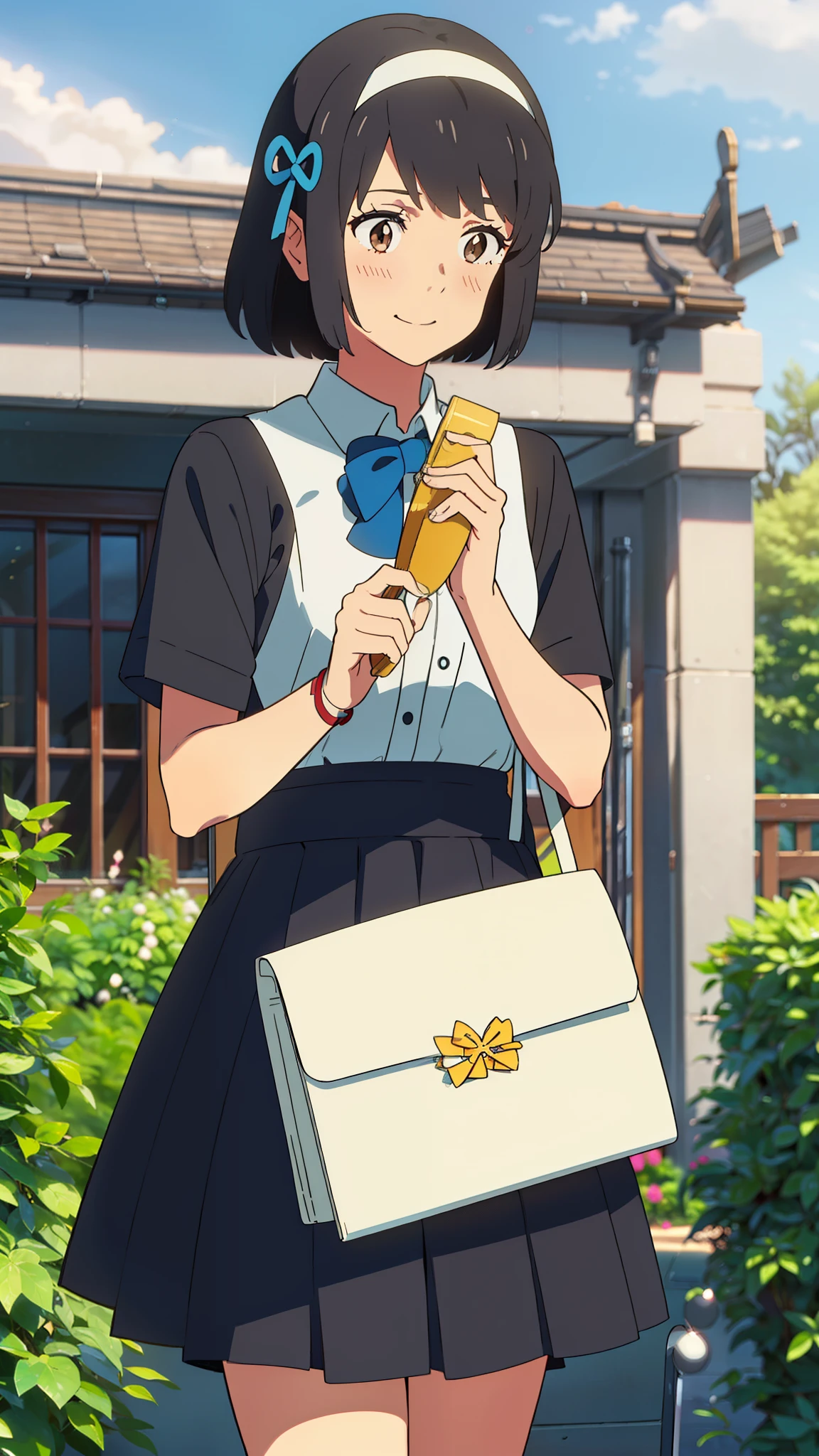 Shinkai Makoto, Kimi no Nawa., 1 Girl, Bangs, Black Hair, blush, Brown eyes, Glowing skin, Blue headband, blue ribbon, Blue bow, Turquoise Check Skirt, White Dress, Short sleeve, Upper Body, Cowboy shooting, Looking at the audience, short hair, Smile, Lovely, Solitary, garden, way, patio, Sky,Girl and boyfriend ready for competition