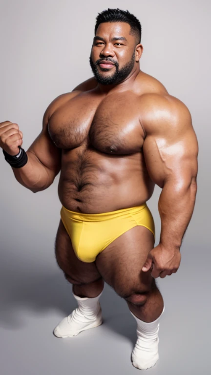 black hair, middle-aged man, individual, male, Muscular wrestler, muscular, Stout wrestler, Asian, Japanese, uncle, 55 year old middle-aged man, short hair, short hair, yellow wrestling boots, full body portrait, shadow, Vision, yellow briefs, obesity, 45 years old, short beard, middle-aged man, tattoo, fingerless gloves, Wheat skin, shiny skin, dark skin, Show your pectoral muscles, sumo wrestler, bodybuilder, wide temples, Visible abdominal muscles, Smile, Fine hands, solid color background, pure white background, Surrealism, Panorama, 8k, super detail,