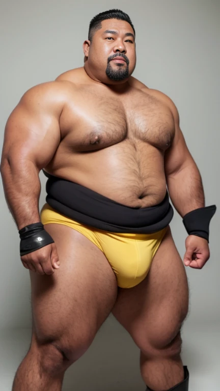 black hair, middle-aged man, individual, male, Muscular wrestler, muscular, Stout wrestler, Asian, Japanese, uncle, 55 year old middle-aged man, short hair, short hair, yellow wrestling boots, full body portrait, shadow, Vision, yellow briefs, obesity, 45 years old, short beard, middle-aged man, tattoo, fingerless gloves, Wheat skin, shiny skin, dark skin, Show your pectoral muscles, sumo wrestler, bodybuilder, wide temples, Visible abdominal muscles, Smile, Fine hands, solid color background, pure white background, Surrealism, Panorama, 8k, super detail，