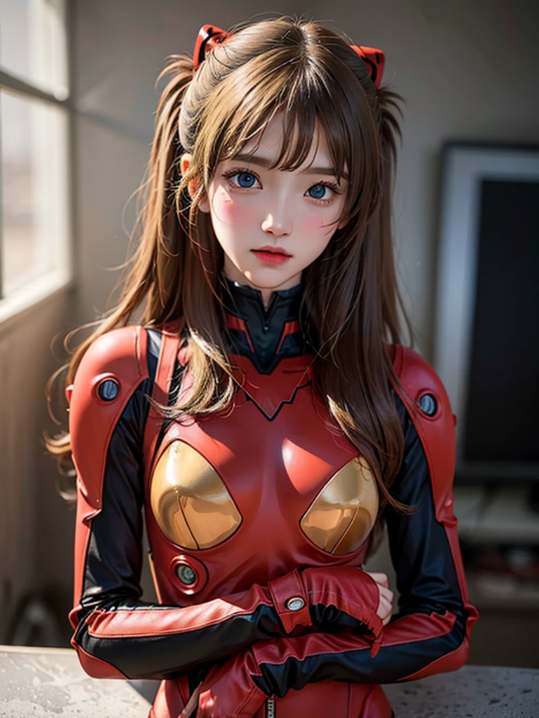 ((Best quality)), ((Masterpiece)), (Details: 1.4), 3D, Asuka Langley Soryu, Asuka, high resolution (high dynamic range), ray tracing, NVIDIA, super resolution, Unreal 5, subsurface scattering ,PBR texturing, post-processing, anisotropic filtering, depth of field, maximum sharpness and sharpness, multi-layered textures, albedo and specular maps, surface shading, accurate simulation of light and matter interaction, perfect proportions ,Octane Rendering,Two-Tone Lighting,Wide Aperture,Low ISO,White Balance,Rule of Thirds,8K RAW,(Masterpiece: 1.4, Best Quality), (Intricate Details), Unity8k Wallpaper, Highly Detailed, Beautiful and Mysterious, Details background, realistic, alone, perfectly detailed face, detailed blue eyes, highly detailed, blush, hair ornament, chignon mahogany hair, (blonde), plug suit 02, Shikinami Asuka Langley, Evangelion, Slender 15-year-old girl, full body suit, black background, above the waist