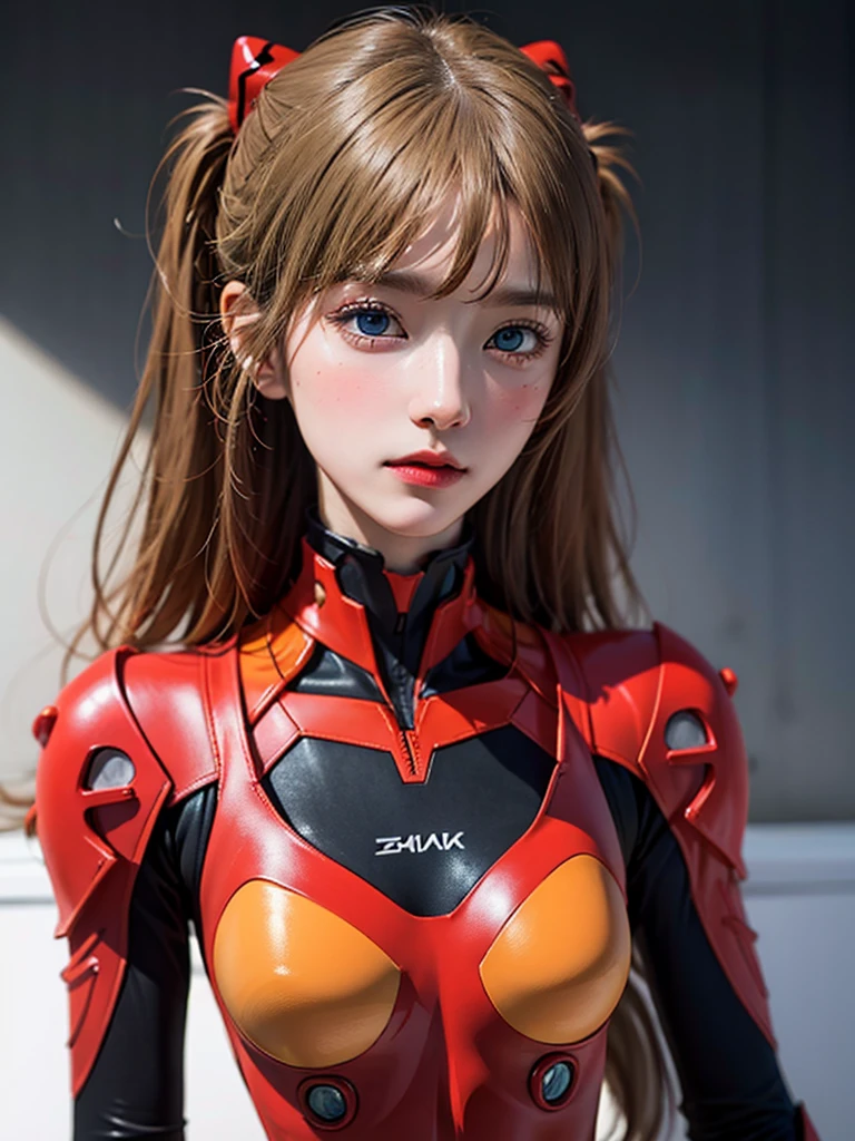 ((Best quality)), ((Masterpiece)), (Details: 1.4), 3D, Asuka Langley Soryu, Asuka, high resolution (high dynamic range), ray tracing, NVIDIA, super resolution, Unreal 5, subsurface scattering ,PBR texturing, post-processing, anisotropic filtering, depth of field, maximum sharpness and sharpness, multi-layered textures, albedo and specular maps, surface shading, accurate simulation of light and matter interaction, perfect proportions ,Octane Rendering,Two-Tone Lighting,Wide Aperture,Low ISO,White Balance,Rule of Thirds,8K RAW,(Masterpiece: 1.4, Best Quality), (Intricate Details), Unity8k Wallpaper, Highly Detailed, Beautiful and Mysterious, Details background, realistic, alone, perfectly detailed face, detailed blue eyes, highly detailed, blush, hair ornament, chignon mahogany hair, (blonde), plug suit 02, Shikinami Asuka Langley, Evangelion, Slender 15-year-old girl, full body suit, black background, above the waist