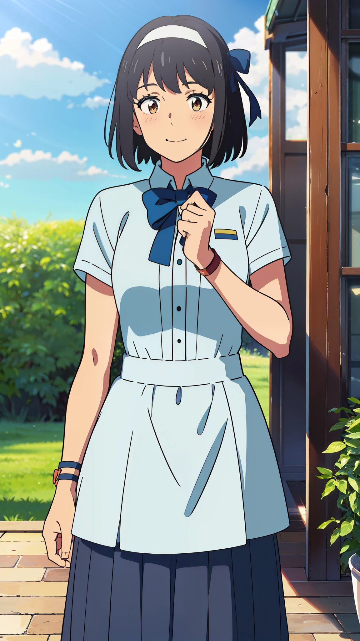Shinkai Makoto, Kimi no Nawa., 1 Girl, Bangs, Black Hair, blush, Brown eyes, Glowing skin, Blue headband, blue ribbon, Blue bow, Turquoise Check Skirt, White Dress, Short sleeve, Upper Body, Cowboy shooting, Looking at the audience, short hair, Smile, Lovely, Solitary, garden, way, patio, Sky,Girl and boyfriend ready for competition