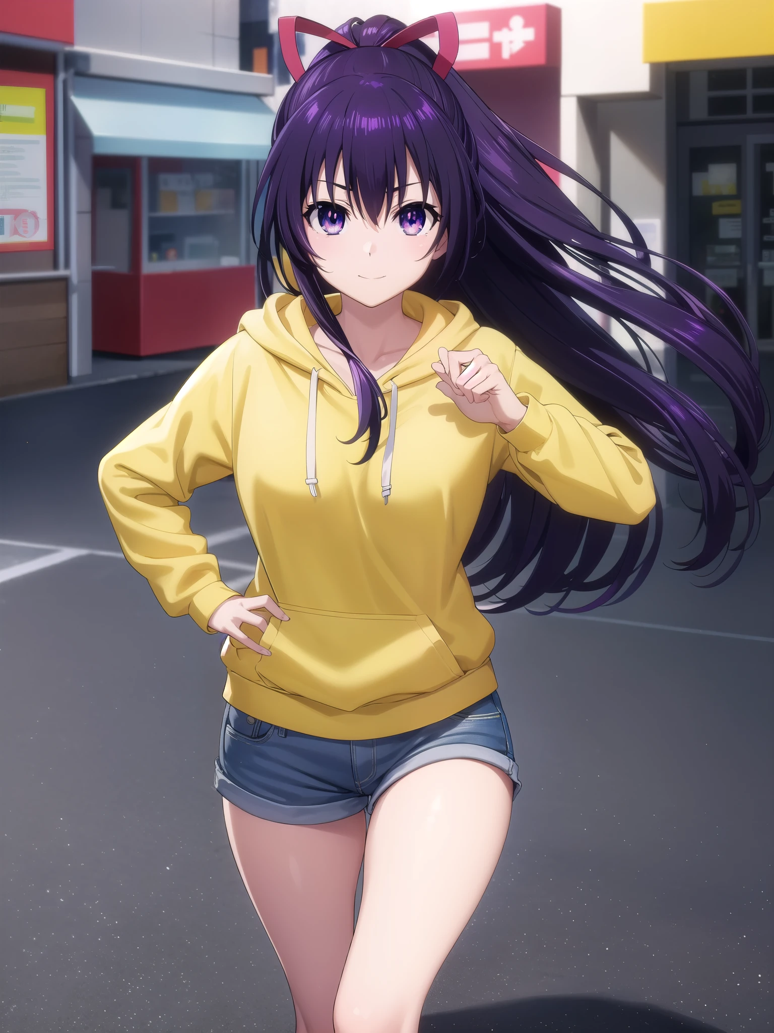 tohkayatogami, tohka yatogami casual, long hair, purple hair, alluringly smile , yellow hoodie, big sizes hoodie, denim, (purple eyes:1.1), hair ribbon, ponytail, purple hair, white ribbon, g cup breasts, bewitched thighs, slender waist, plump butt , high boot
BREAK ,
BREAK outdoor, front family mart shore, alone,
BREAK looking at viewer, standing, bow , hand on hair,
BREAK (masterpiece:1.2), best quality, high resolution, unity 8k wallpaper, (illustration:0.8), (beautiful detailed eyes:1.6), extremely detailed face, perfect lighting, extremely detailed CG, (perfect hands, perfect anatomy),
