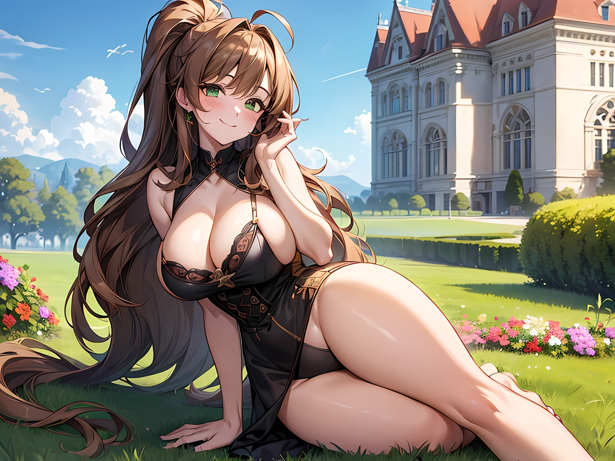 Masterpiece, Best quality, Official Art, (Highly detailed CG Unity 8k wallpaper), Detailed background, (Hand by Guido Daniele: 1.1), Feet outside the frame, First person perspective, 1, Attractive and perfect beautiful woman, , JK, uniform, summer, sunlight, blue sky, wind blowing strongly, optimal ratio of four fingers and one thumb, (curvaceous), ( White thighs: 1.12), (brown long-haired (Ahoge: 1.13), (High Ponytail: 1.12), (Green Eyes: 1.13), Look at the Beholder, Big, (cleavage), Beautiful Face, (Blush: 1.11), (Smile: 1.11)
