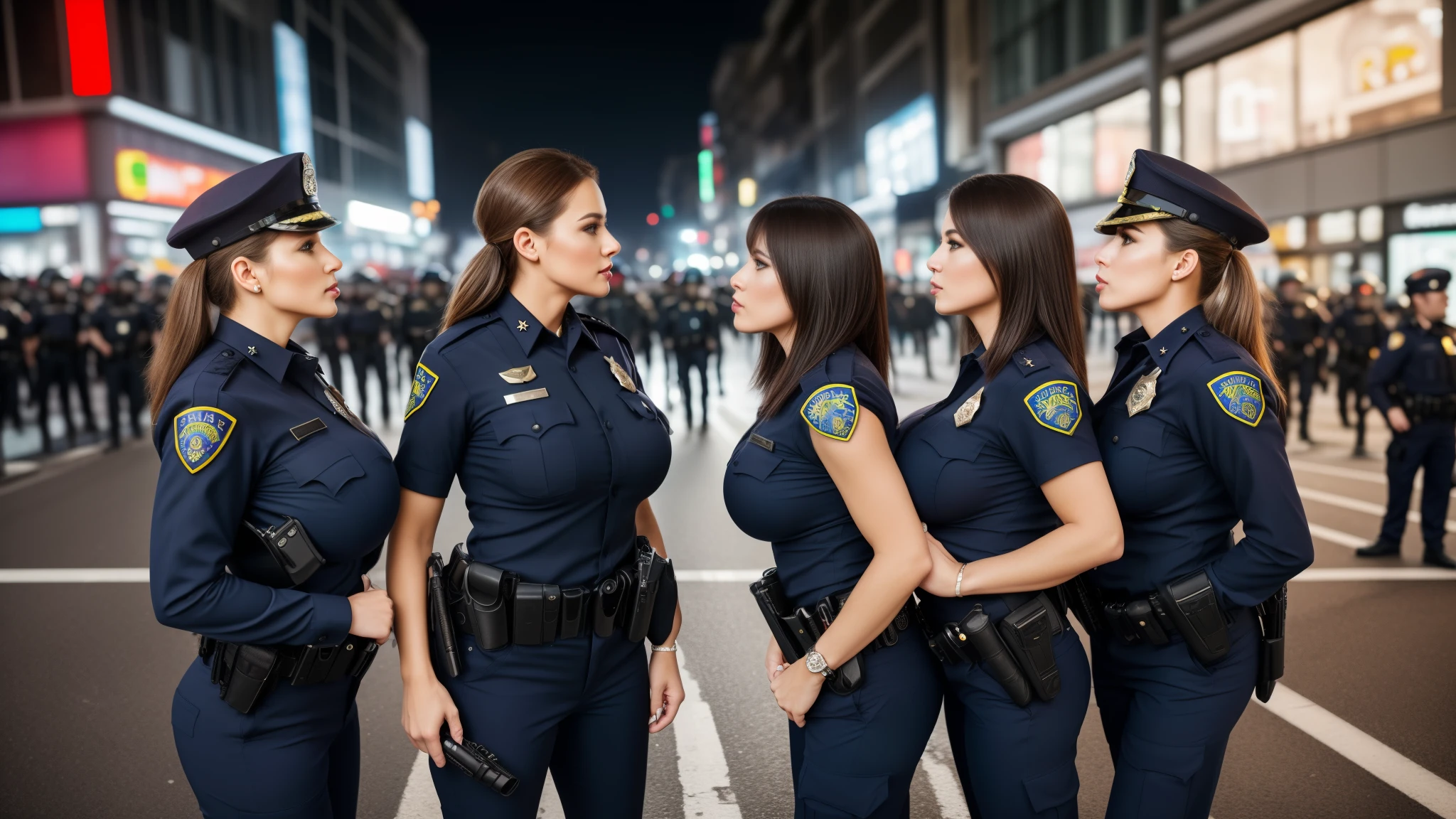 masterpiece,best qualtiy,hdr, hyper HD, 8K,Bokeh,Ultra-fine painting,Sharp focus,Physically-based rendering,Extreme detail description,portraitures,full-body photo，three Female police officers in a very tight buttoned uniform, leaning forward at viewer, (shag hair), Sexy smile, (in city in riot:1.2), (kissing:1.2), perfect eyes, perfect hands, perfect body, perfect hair, (Big breasts:1.3), (EOS R8, 50 millimeters, F1.2, 8K, RAW photo:1.2), photograph by arny freytag