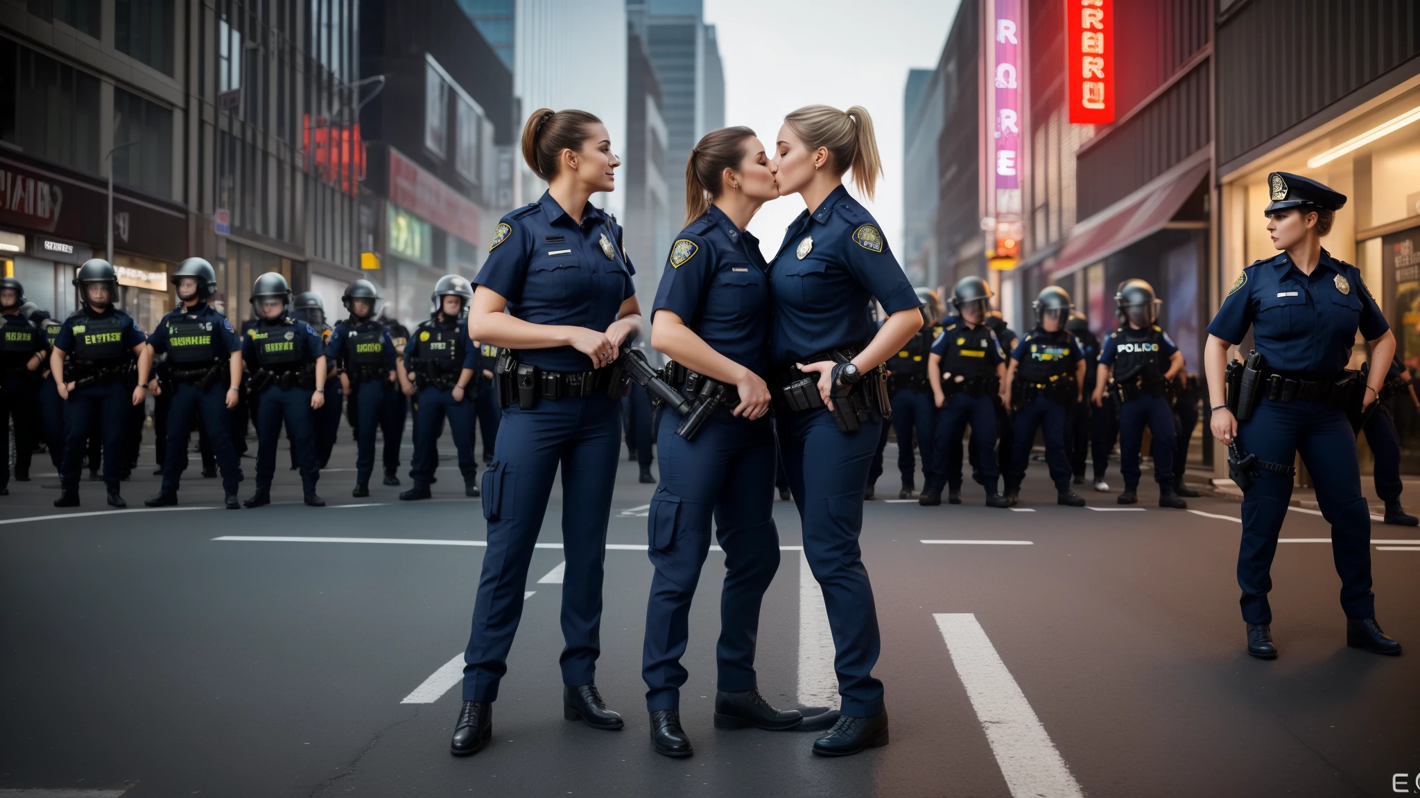 TV documentary show close-up half-body shot. One fully clothed Policewoman and one nudist woman In the street. 2girls. ((Anna is a 45-year-old woman working as a police officer, wearing full police uniform, fully clothed:1.3)) BREAK ((Carolina is a nudist woman:1.3)). Award winning photo. DLSR photograph 35mm.