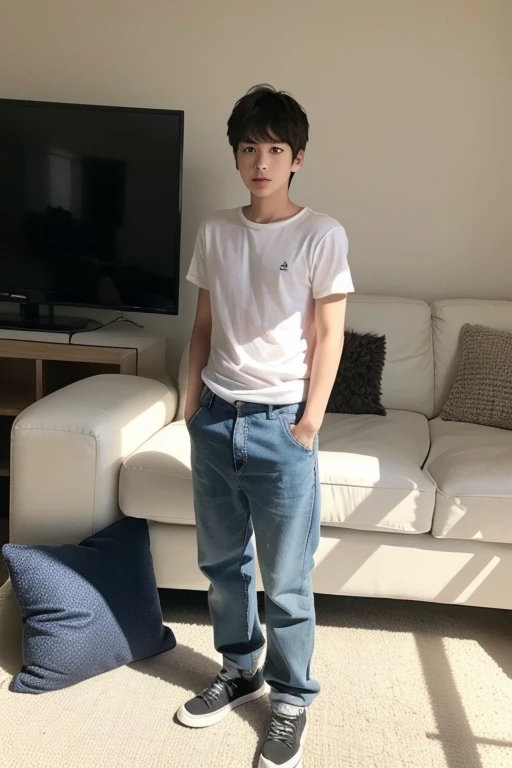 A 24-year-old boy,Standing,whole body,Adults,Facing the camera,Sunny and handsome,There is a sofa behind you,Pillow,game console