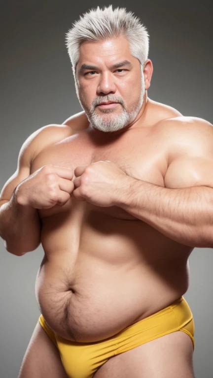 white hair, old man, individual, male, Muscular wrestler, muscular, Stout wrestler, Asian, Japanese, uncle, 55 year old middle-aged man, short hair, short hair, yellow wrestling boots, full body portrait, shadow, Vision, yellow briefs, obesity, 45 years old, short beard, middle-aged man, tattoo, fingerless gloves, Wheat skin, shiny skin, dark skin, Show your pectoral muscles, sumo wrestler, bodybuilder, wide temples, Visible abdominal muscles, Smile, Fine hands, solid color background, pure white background, Surrealism, Panorama, 8k, super detail,