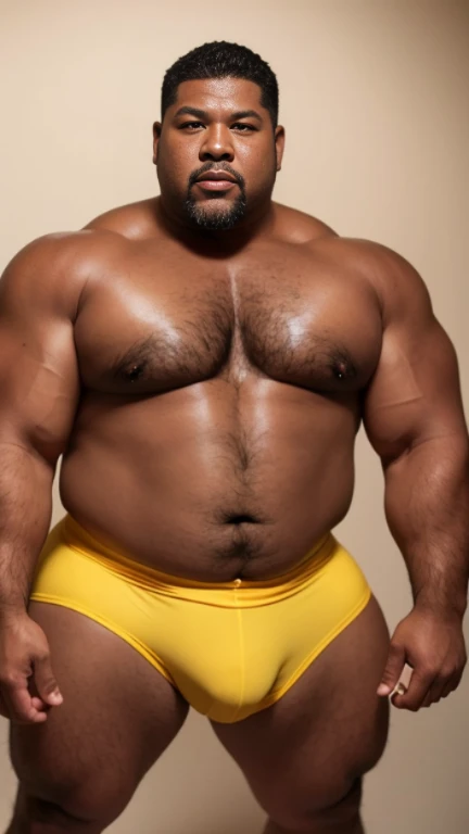 black hair, middle-aged man, individual, male, Muscular wrestler, muscular, Stout wrestler, Asian, Japanese, uncle, 55 year old middle-aged man, short hair, short hair, yellow wrestling boots, full body portrait, shadow, Vision, yellow briefs, obesity, 45 years old, short beard, middle-aged man, tattoo, fingerless gloves, Wheat skin, shiny skin, dark skin, Show your pectoral muscles, sumo wrestler, bodybuilder, wide temples, Visible abdominal muscles, Smile, Fine hands, solid color background, pure white background, Surrealism, Panorama, 8k, super detail，