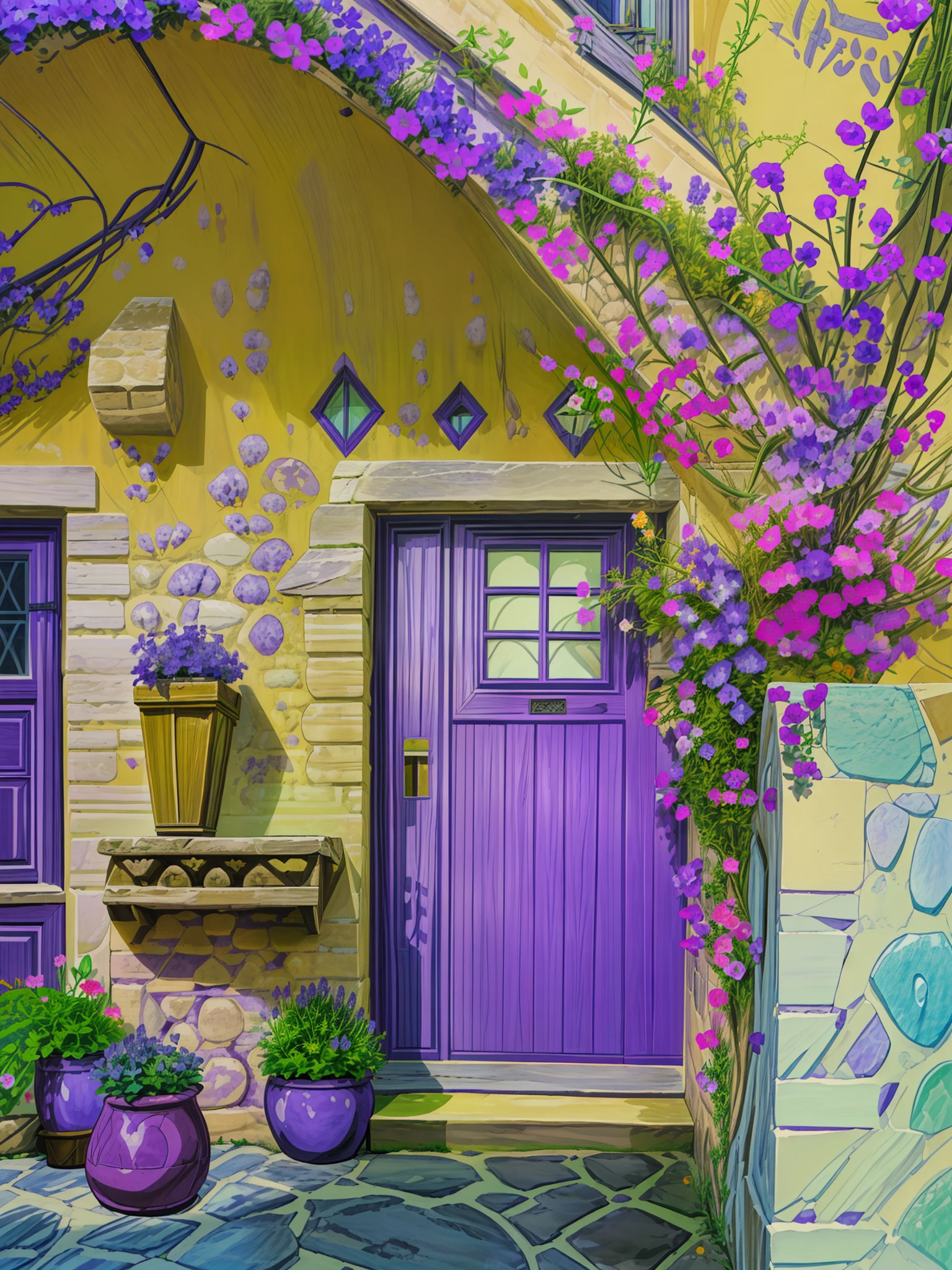 a purple door in front of a stone building, lavander and yellow color scheme, flowery cottage, french village interior, mediterranean architecture, purple flower trees, houzz, mediterranean fisher village, french village exterior, violet flowers, idyllic cottage, with colorful flowers and plants, pink door, rustic setting, made from old stone, brightly lit purple room, purple color-theme