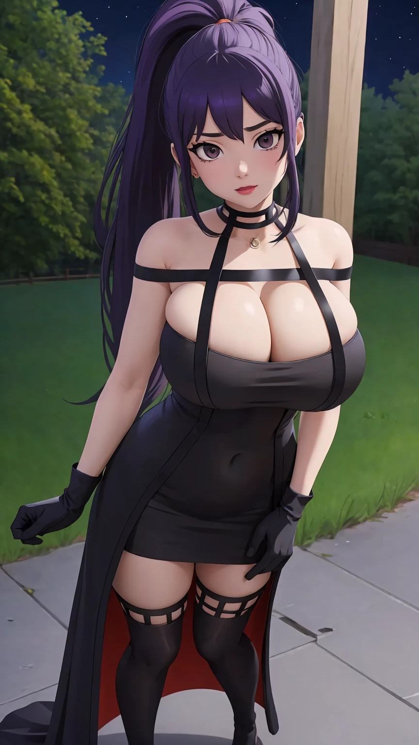 masterpiece, best quality, extremely detail 8k cg, high resolution, 1girl, yuugao, solo, purple hair, long hair, sidelocks, ponytail, brown eyes, perfect eyes, slim body, huge breasts, bursting breasts, standing, black dress, black thighhighs, black gloves, seductive face, outdoors, garden, night time, beautiful face, wide shot photo, full body