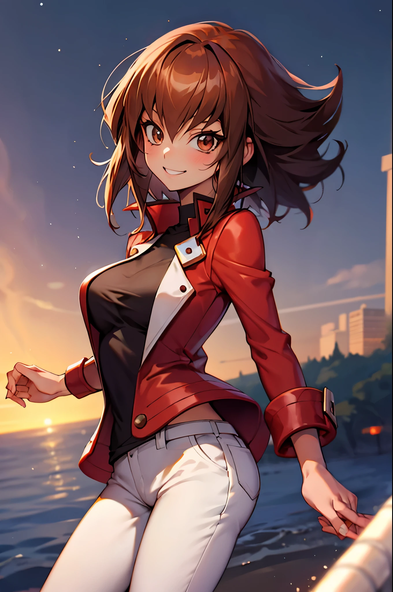 Yuuki Judai, 1girl,(female:1.5), Brown hair, Solo, Red jacket, Bangs, Black shirt, Open jacket, hair between eye, Long hair, Smile, White pants, red footwear,Duel Academy Uniforms (Yu-Gi-Oh! nffsw),
(Close Shot, Best Quality, hight resolution, 4K, Detailed Lighting, Shaders), 
Smile,
Looking at Viewer, Cowboy Shot,
