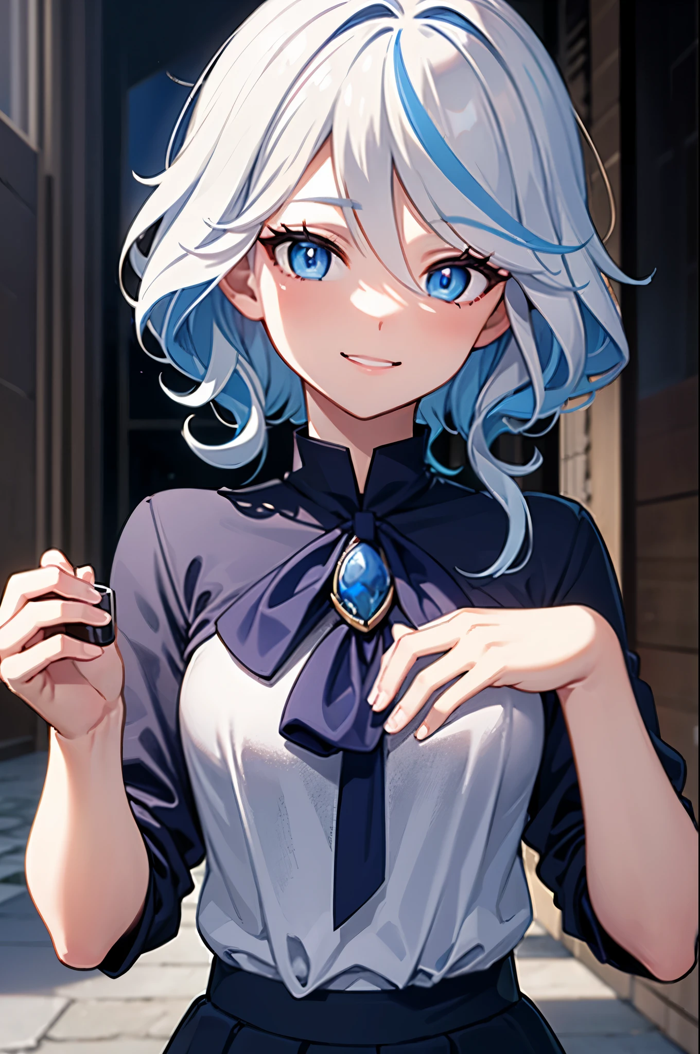 deep skin,textured skin, blue eyes, short light blue hair, smiling,
BREAK  (serafuku, sailor collar, green neckerchief, grey shirt, long sleeves, black skirt:1,2)
BREAK NSFW,portrait, solo, (full body:0.6), looking at viewer, BREAK outside a mansion with a garden around it.
BREAK (masterpiece:1.2), best quality, high resolution, unity 8k wallpaper, (illustration:0.8), (beautiful detailed eyes:1.6), extremely detailed face, perfect lighting, extremely detailed CG, (perfect hands, perfect anatomy),