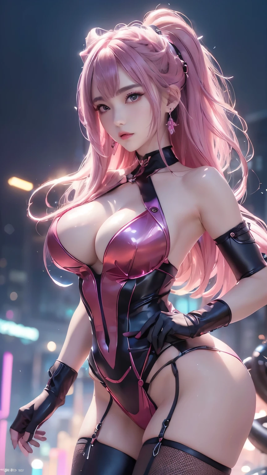 (logo、masterpiece、8k、Tabletop、RAW Photos、wonderful、最high quality、フォトリアルでVery detailedなCG統合8k壁紙、high quality、Very detailed、Narrative poem、Particle Effects、Dynamic Effects、Depth of text、Cinematic Light、Lens flare、Ray Tracing）、Fantasy、（One girl, arms, 長いhair, dress, water, alone, jewelry, red dress, Earrings, hair飾り, waterしぶき, Ultra-realistic upper body, Hair Bun, pinkのhair, Realistic city background, Lighting,Frank、pink|green] hair,Very detailedな,Fractal Art,colorful,Best details,Mechanical modifications,Otome,A complex mechanical conduit is inserted into his back.,catheter,Neon Background,neon city,night,big breasts,Gothic_ta,High heels,compensate,blush,cyber punk,Sofia Boutella, Brunette, Sunburn, huge , Rich colors、Ultra-realistic and realistic texture