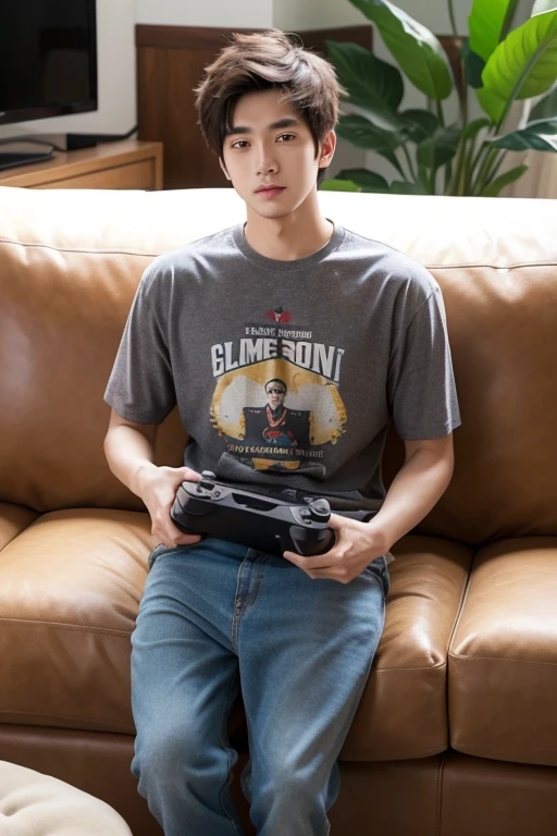 A 26-year-old boy，Standing，whole body，Facing the camera，Sunny and handsome，There is a sofa behind you，Pillow，game console