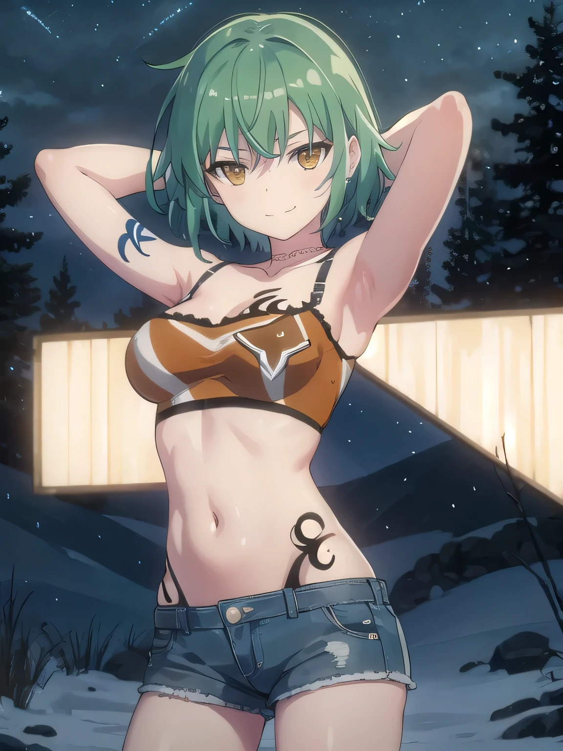  solo, 1girl, hikage, crop top, tattoo, off shoulder, looking at viewer, best quality, v-eyebrows, solo, night sky, forest, arms behind head, short hair, contrapposto, spread armpits, closed mouth, smile, (cowboy shot:1.5),