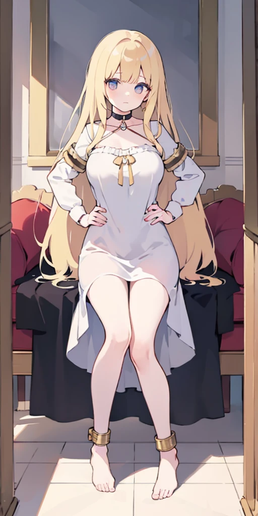 full body, barefoot, solo, female, big breast, linen tunic, fantasy village, armor, handcuffs on their hands with a collar around the neck, hands on hips, slave, ((black choker, shackles on legs and arms))