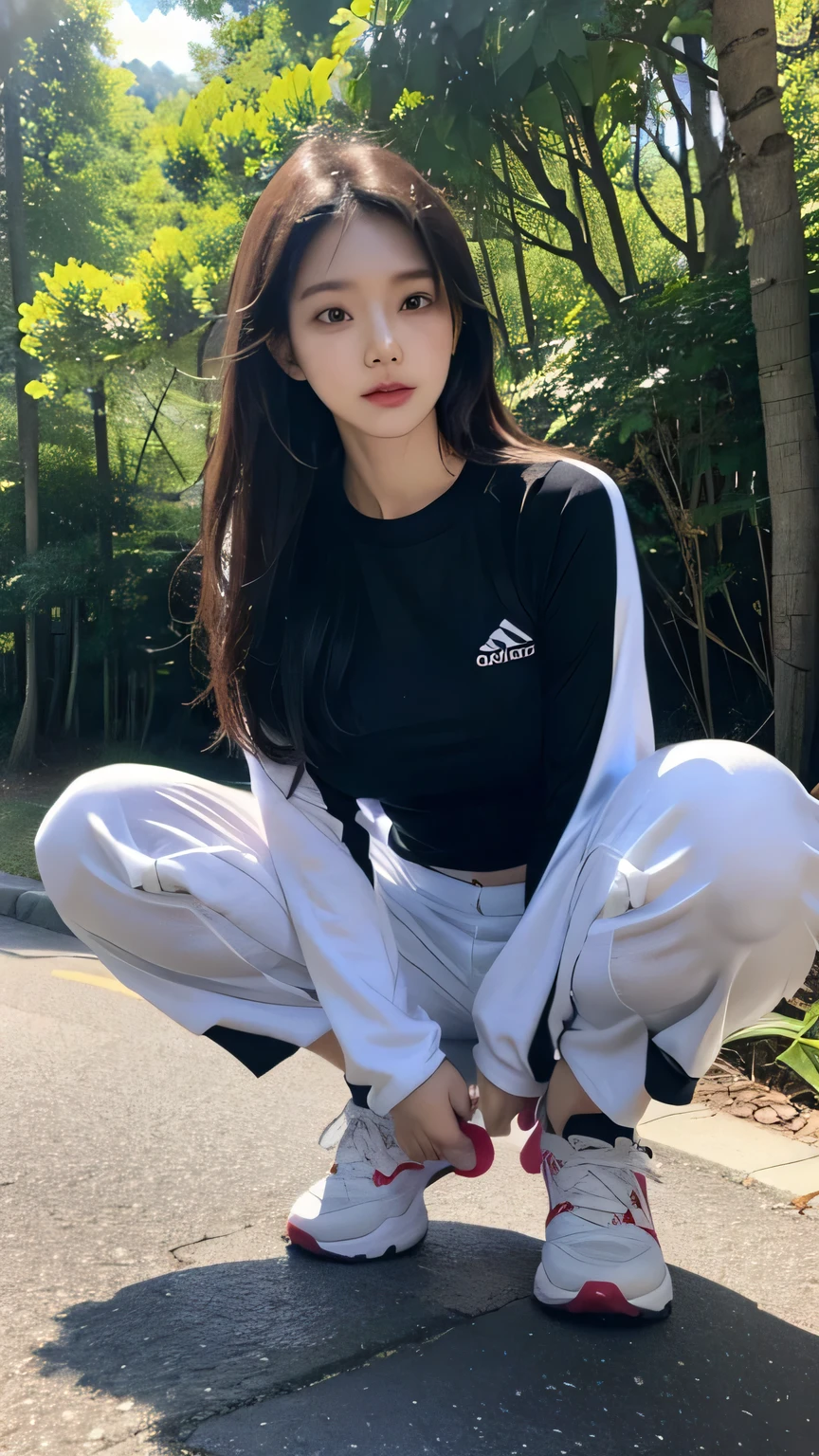 1girl, solo, Korean model girl, 30 years old, plumpy body, medium breast, beautiful face, tight sporty shirt, sporty pant, sneakers, run slowly in the city forest, wet skin, sweating body, city forest background, black hair, messy hair, eye reflection, makeup, mid body photo, shy, Surrealism, ray tracing, masterpiece, ccurate, anatomically correct, textured skin, super detail, high quality, 4K