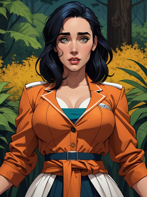 Personagem mulher PinUp dos anos 30 com marcas de guerras Imagem de desenho animado de uma mulher .cartoon style illustration, estilo de arte dos desenhos animados, estilo de arte dos desenhos animados, digital illustration style, design de personagens altamente detalhado, arte digital detalhada coragem, Forest fan art, Design de personagens de retrato, beautiful digital illustration, retrato de alta qualidade, Arte em quadrinhos, mulher jovem cabelo com transas lindas . Beautiful lined eyes Medium large bust and wonderful sexy clothes. image expression of sexual desire from the waist to the illustration Jennifer Connelly Fallout 23 uniform