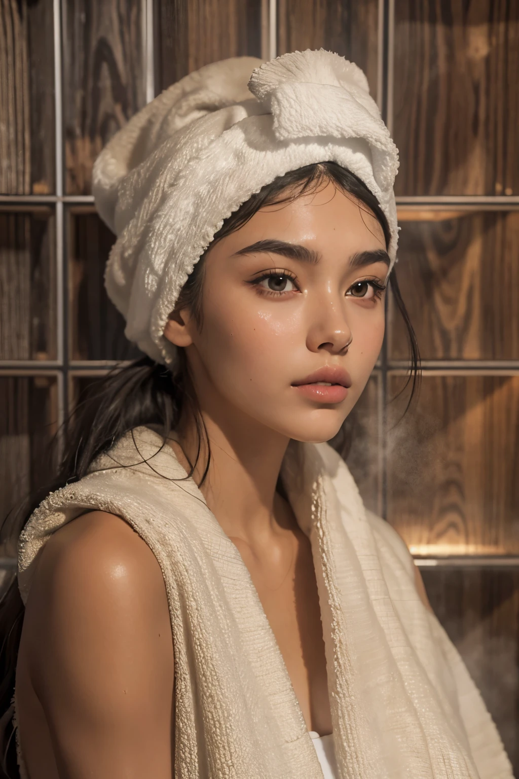 ((best quality)), ((masterpiece)), (detailed), perfect face, Araped woman with a towel on her head, Sitting sweating in the sauna, Madison Beer, without makeup, Profile picture, Use Instagram Filters, Subtle soft and dim light, perfect face, julia sardinian, perfect hands, Random Actions, Full-body view,