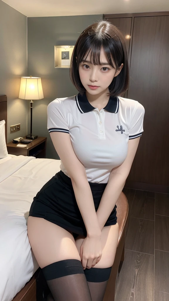 muste piece, best quality, illustration, Super detailed, fine details, High resolution, 8K,wall paper, perfect dynamic composition,(Details High quality, realistic depiction of eyes:1.3), (collared polo shirt), pleated skirt, knee high socks, short bob hair, black hair color, Big Natural Color Lip, bold sexy pose, crying a little、cold gaze, Harajuku style、20 year old girl、cute type、lolita、beautiful legs, hotel room, hposing Gravure Idol, Voluptuous thighs