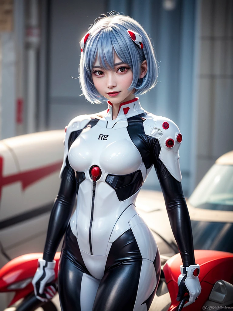 Masterpiece, highest quality, 8K, detailed skin texture, fine cloth texture, beautiful detailed face, intricate details, super detailed, portrait of Rei Ayanami, blue hair, red eyes, looking far away, no background, Evangelion Wearing a plug suit when riding, plug suit, whole body visible, standing, arms crossed, 15 years old, beautiful, cute, great style, smiling,composition that shows the whole body,
