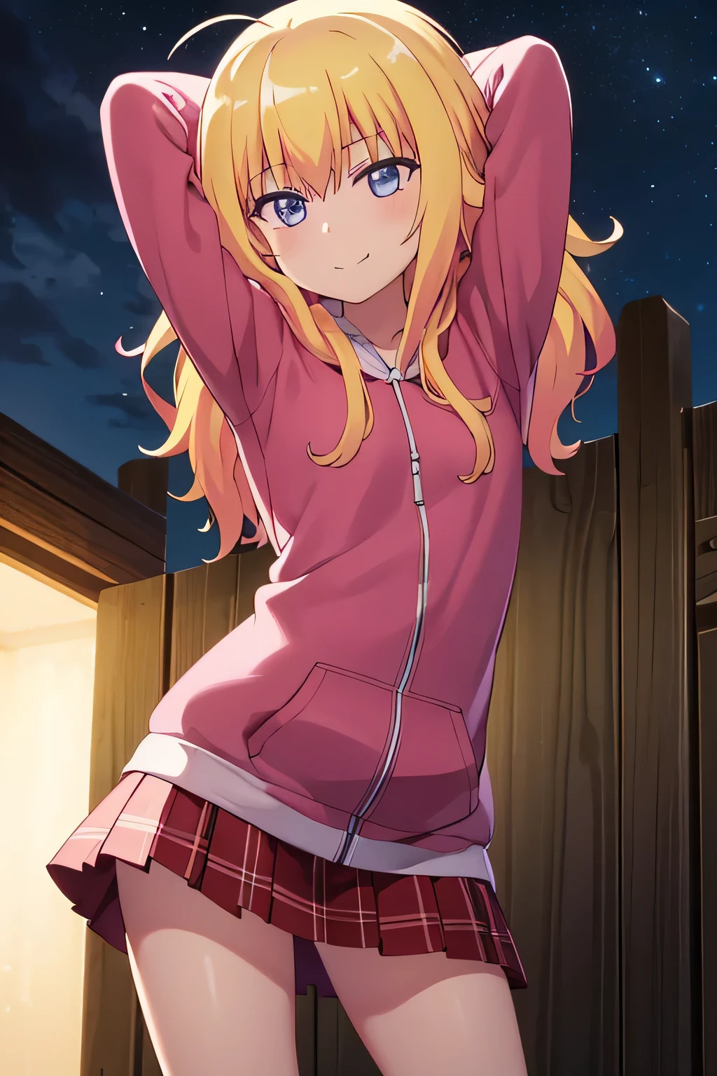 (extremely detailed CG unity 8k wallpaper), (masterpiece), (best quality), (ultra-detailed), (best illustration), (best shadow), (absurdres), 1girl, solo, gabriel white tenma, messy hair, ahoge,red bow, plaid skirt, pink hoodie, arms behind head, closed mouth, night sky, forest, spread armpits, contrapposto, (cowboy shot:1.5), blush, expressionless, smile,