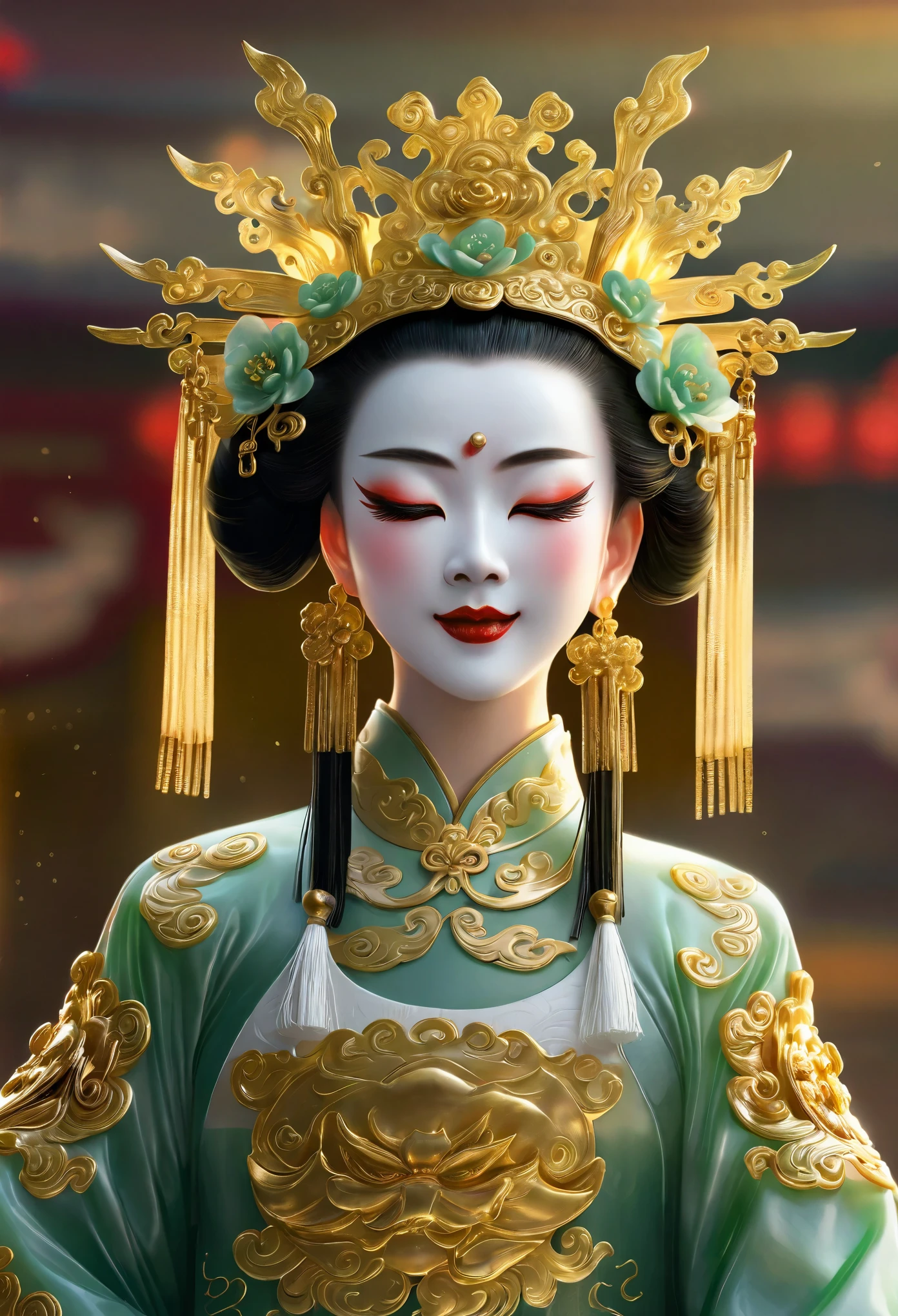 Art work with gold thread and jade，8K, RAW photo, Best quality, Masterpiece, Realistic, photo-realistic, Ultra detailed,（Peking Opera Half Noodles：1.2）
1 girl,  CNOperaCrown,  From the front side, view the viewer, Peking Opera costumes,headdress, (((CNOperaFlag))), Mark from behind, Holding,  Upper body, nipple tassels,Portrait, Simple background, Smile, Mouth closed, Flowers,Small breasts,Slim,Thin,Small head,Small face