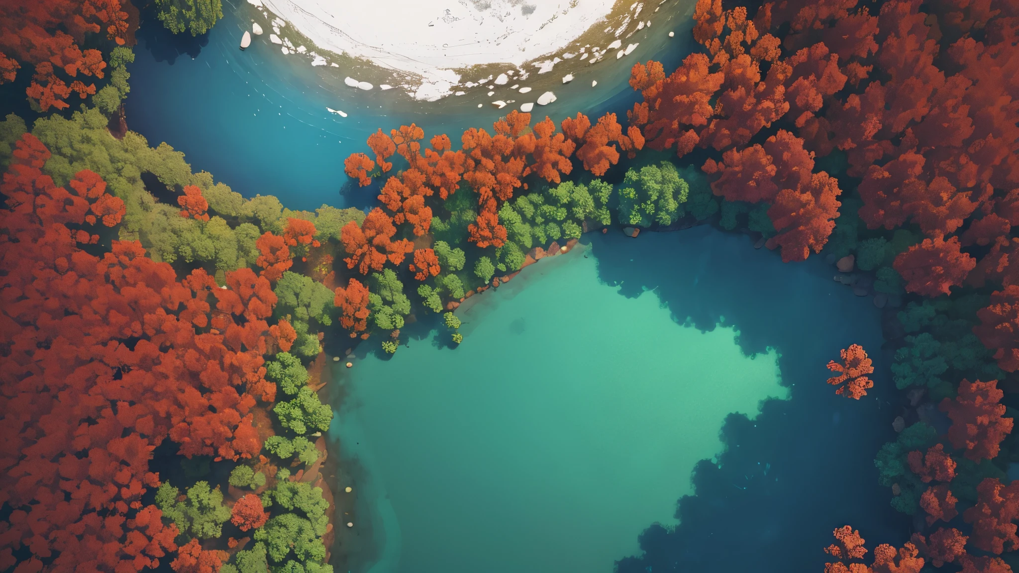 Masterpiece, best quality, 8k, Red forest, a white circle, lake at the end of the map