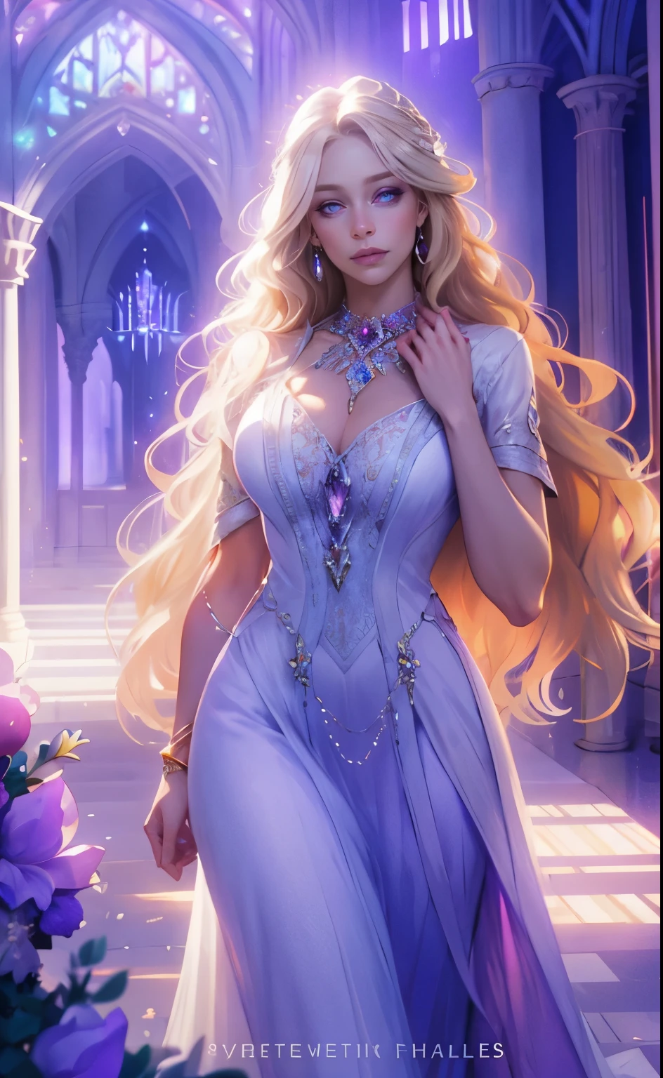 Fantasy, red blue, flowers, girl, long pale blonde wavy hair, lilac eyes, in a white light fantasy dress, crystal jewelry, bright halls of the castle, hd