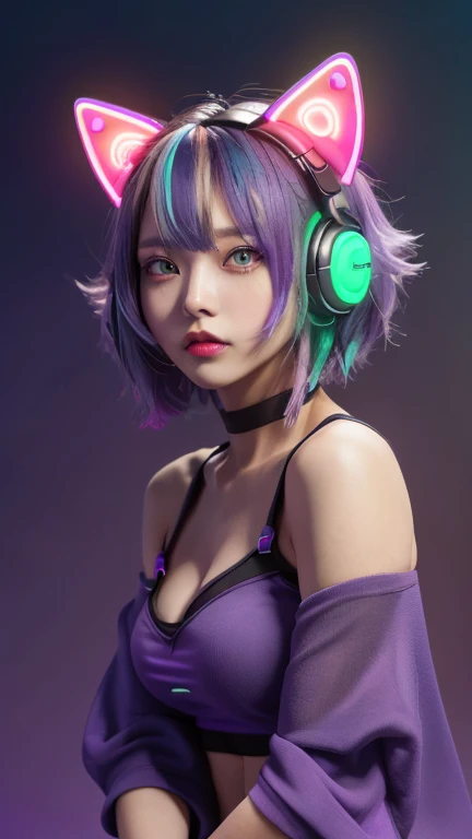 (Neon purple thema:1.2), masterpiece, highest quality, 4K, (Photorealistic), bokeh, enlightenment,(1 perfect portrait of a girl), (A fascinating eye for perfect detail:1.2), colorful hair, (gradient hair), (neon purple soft hair:1.6), (Cat ear:1.2), fantasy background, (exposed bare shoulders), (long-term alienation sleeve), (lean forward a little), head tilt, (movie lighting:1.2), oversized clothes, (seductive pose:1.4), (neon purple background:1.6), purple beautiful eyes, close up,