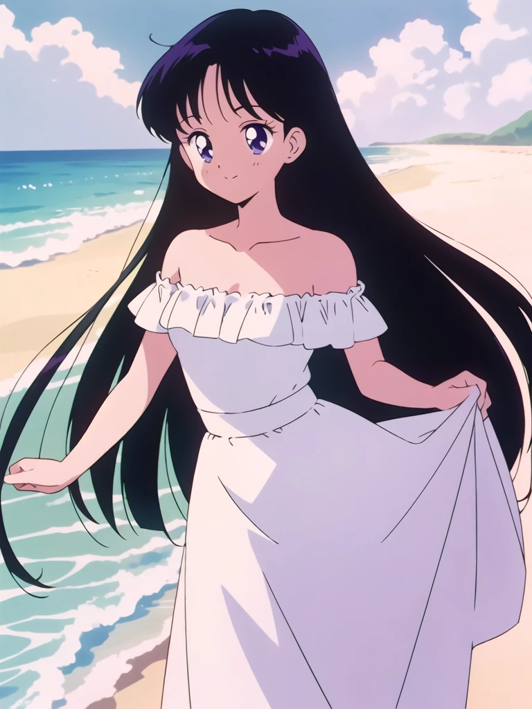 (retro anime girl:1.2), (white dress:1.1), (masterpiece:1.2), (best quality), (ultra detailed), (8k,4k), (half body:1.2), (cowboy:1.2), (close up:1.2), (highly detailed:1.2), (Ruffle Off-the-shoulder top:1.4), (Maxi skirt:1.4), Rei Hino, 1 girl, solo, Best quality, masterpiece, High Definition, ager, Purple Eyes, Beautiful Detail Eyes, Black Hair, Long Hair, Good hands at sides, Smile, Blushing, Bare Neck, Bare Arms, Bare Shoulders, short sleeve, Strapless, White Ruffle Off-the-Shoulder Top, White Off-the-shoulder Dress, White maxi dress, walking on the beach with bare feets, Background, blue skies, Close up,